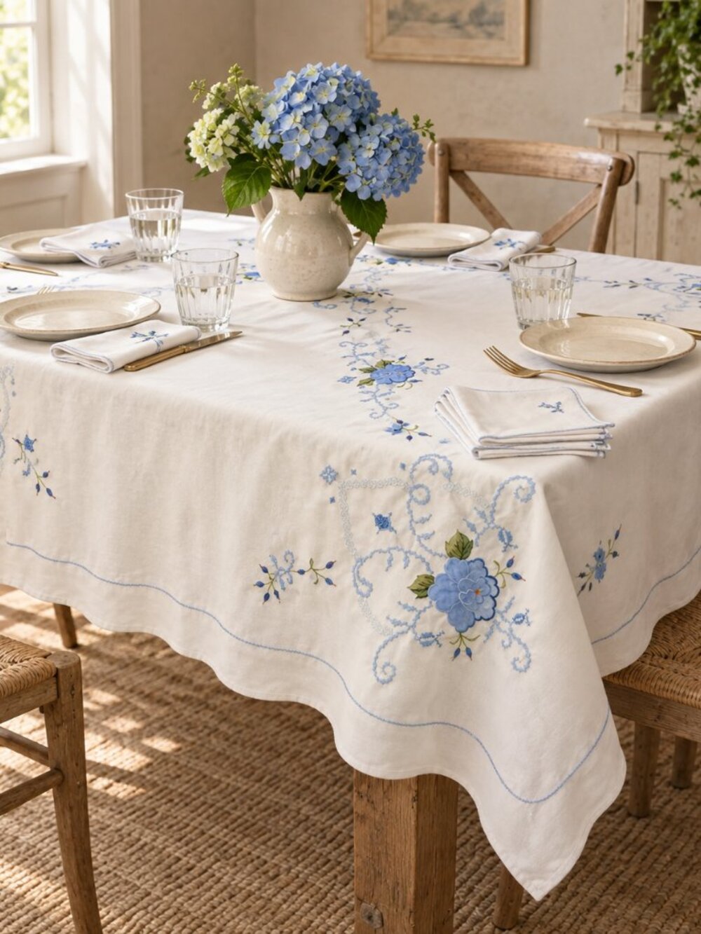Vintage hand, knit embroidery, cotton tablecloth (1)  and napkins (6) set white